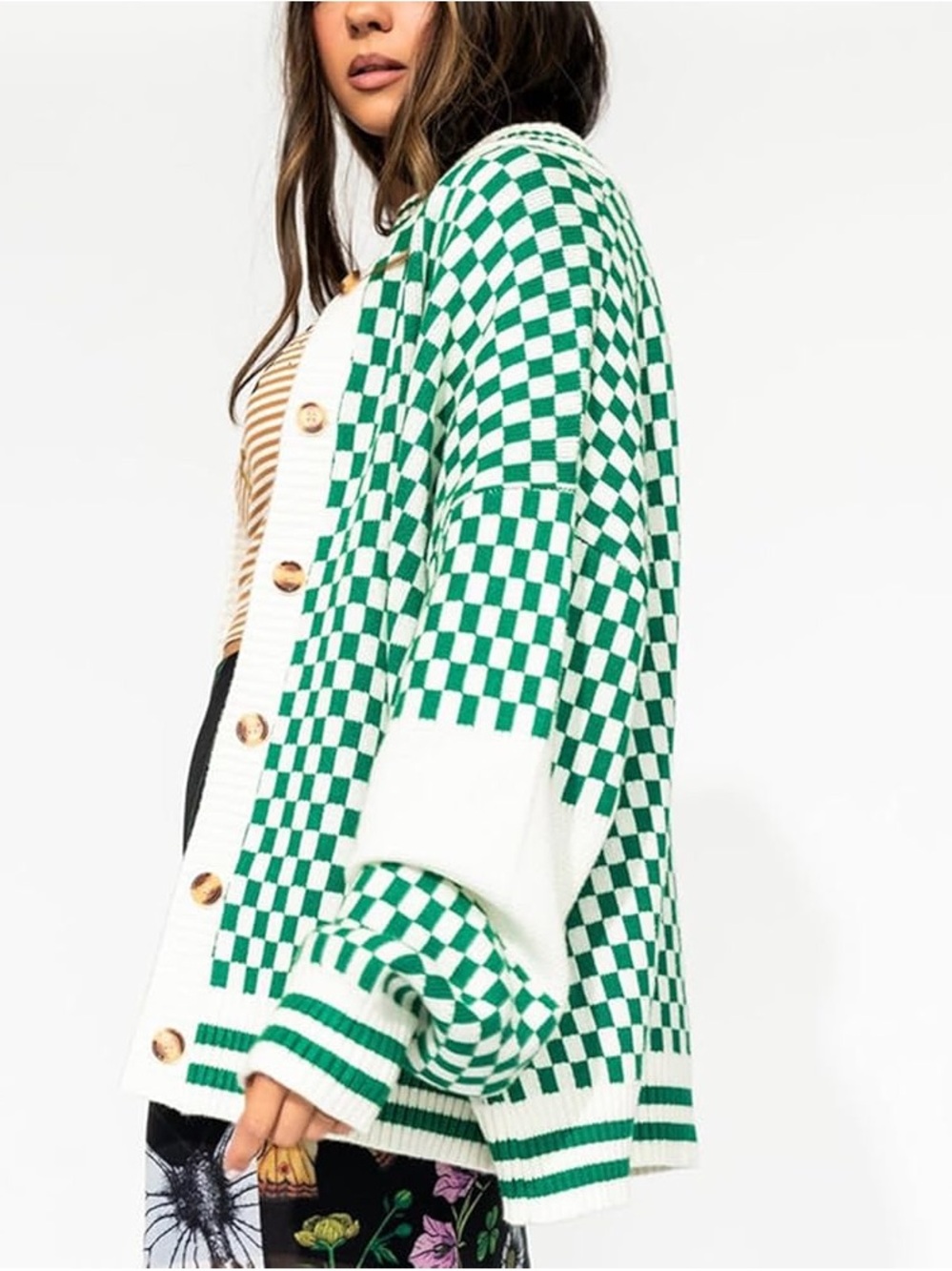 Dressed in LALA Green and White Checker Knit Cardigan - Picture 7 of 7